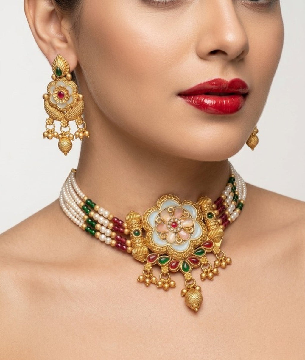 Jewel City Handcrafted Indian Kundan & Pearl Choker Necklace Set – Gold Plated for Weddings, Festivals