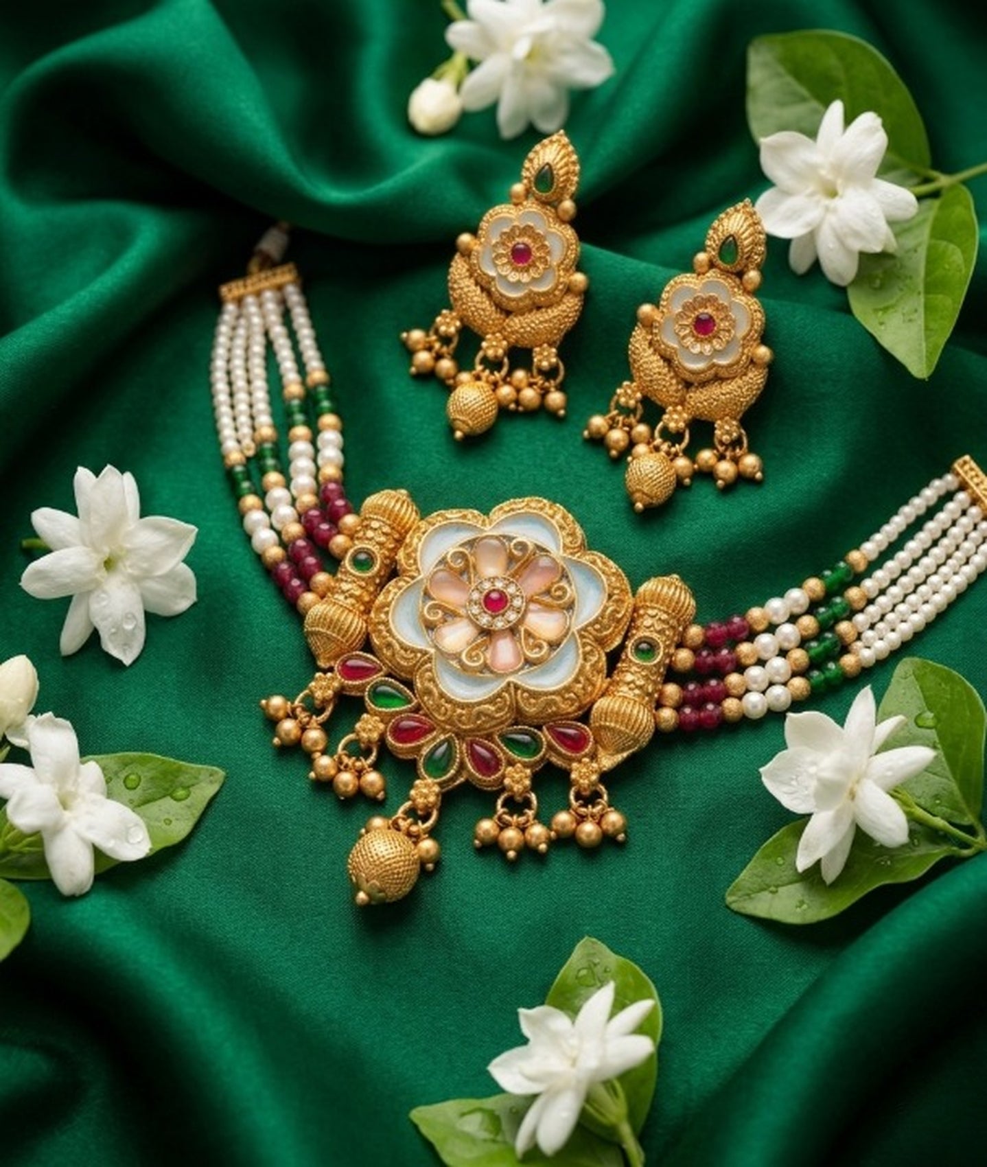 Jewel City Handcrafted Indian Kundan & Pearl Choker Necklace Set – Gold Plated for Weddings, Festivals