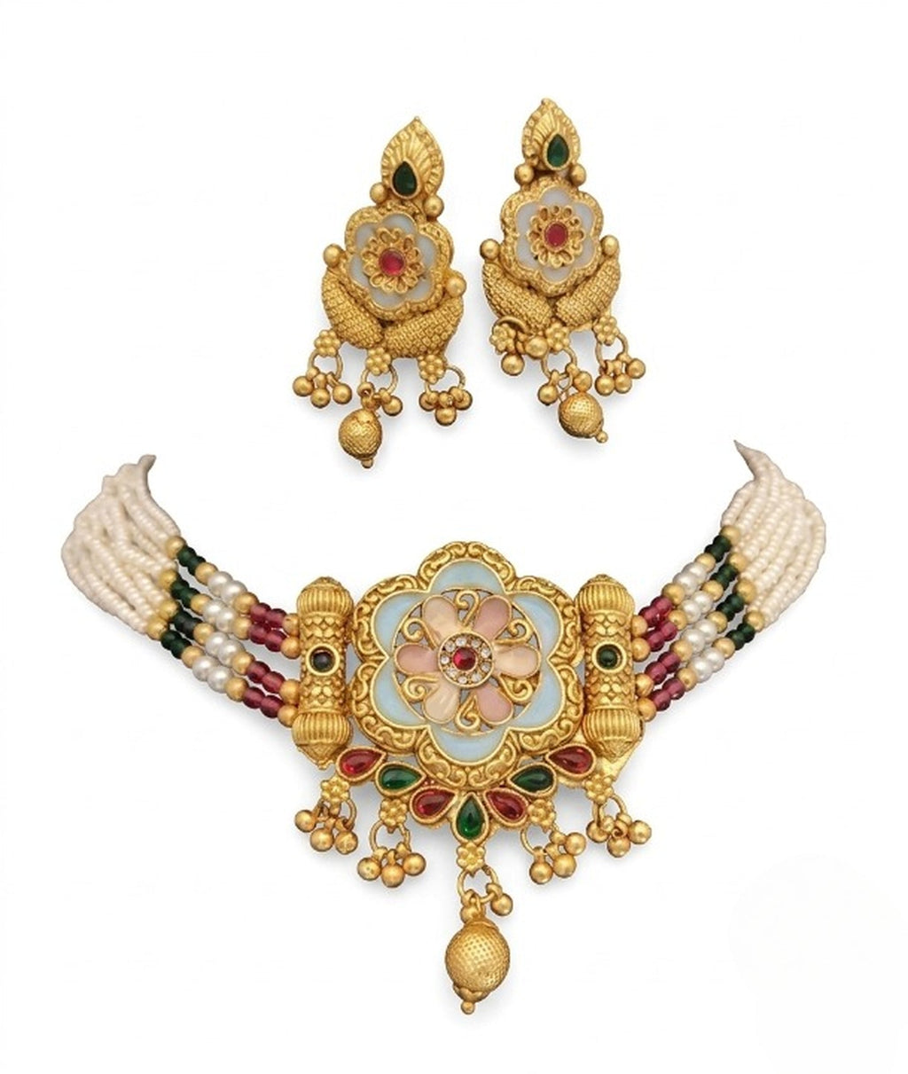 Jewel City Handcrafted Indian Kundan & Pearl Choker Necklace Set – Gold Plated for Weddings, Festivals