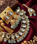 Jewel City Kundan and Mint Bead Traditional Necklace Set for Weddings | Gold-Plated Handcrafted Choker and Jhumka Earrings