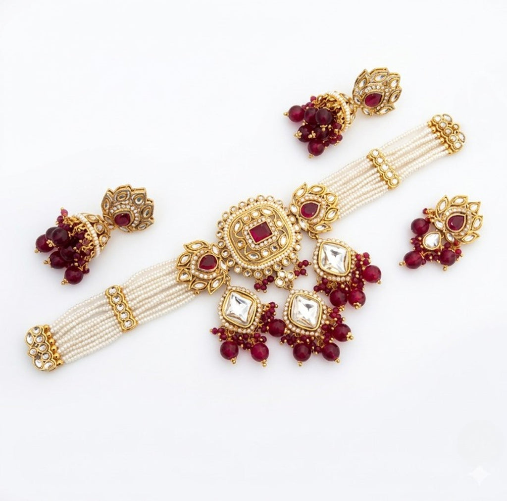 Jewel City Handcrafted Kundan & Pearl Choker Set - Traditional Gold-Plated Bridal Jewelry with Maroon Accents for Weddings
