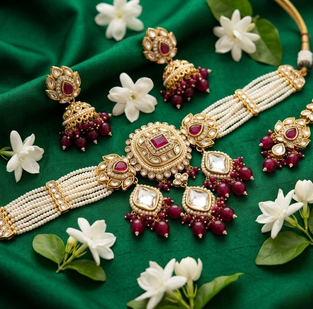 Jewel City Handcrafted Kundan & Pearl Choker Set - Traditional Gold-Plated Bridal Jewelry with Maroon Accents for Weddings