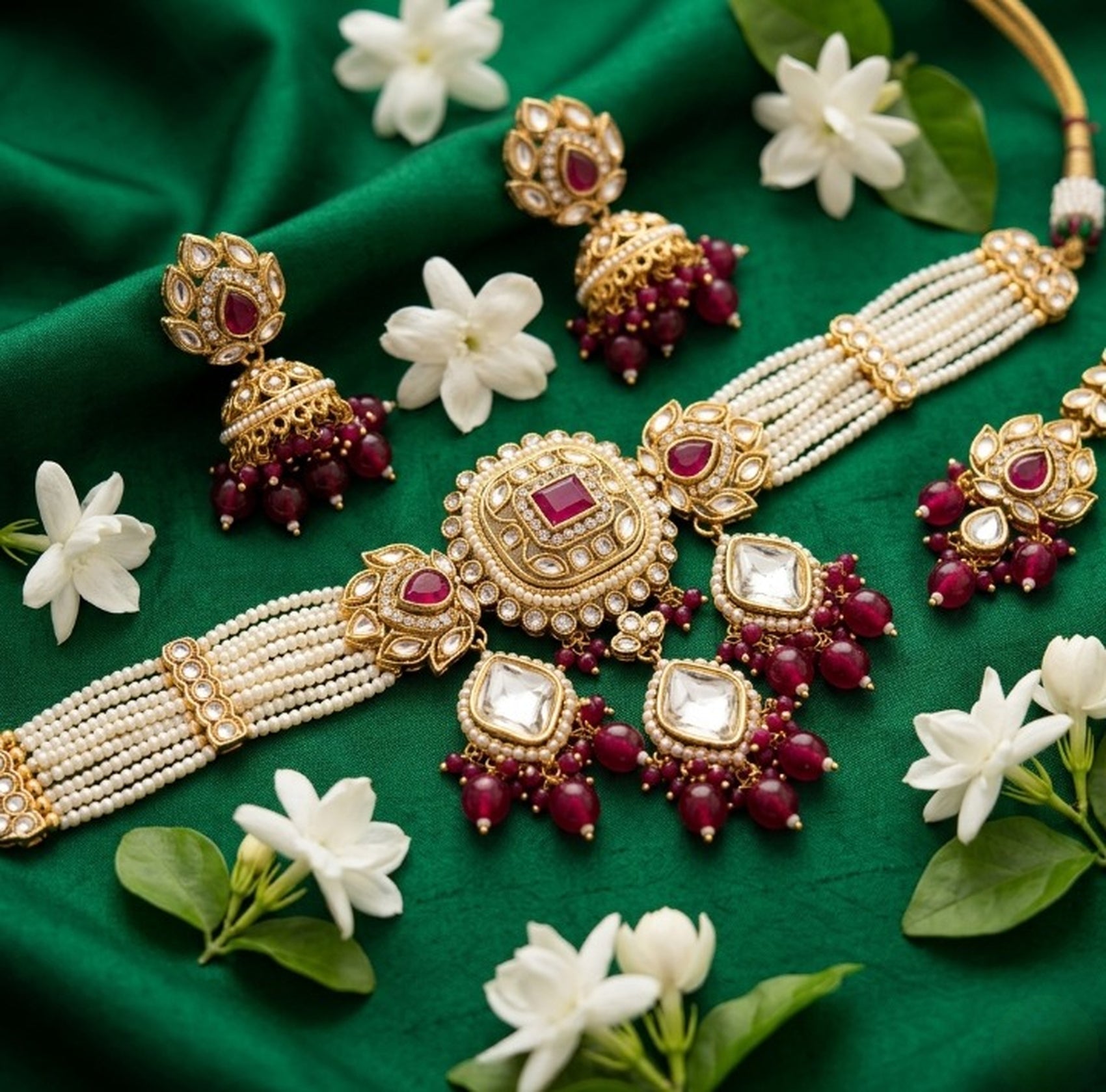 Jewel City Handcrafted Kundan & Pearl Choker Set - Traditional Gold-Plated Bridal Jewelry with Maroon Accents for Weddings