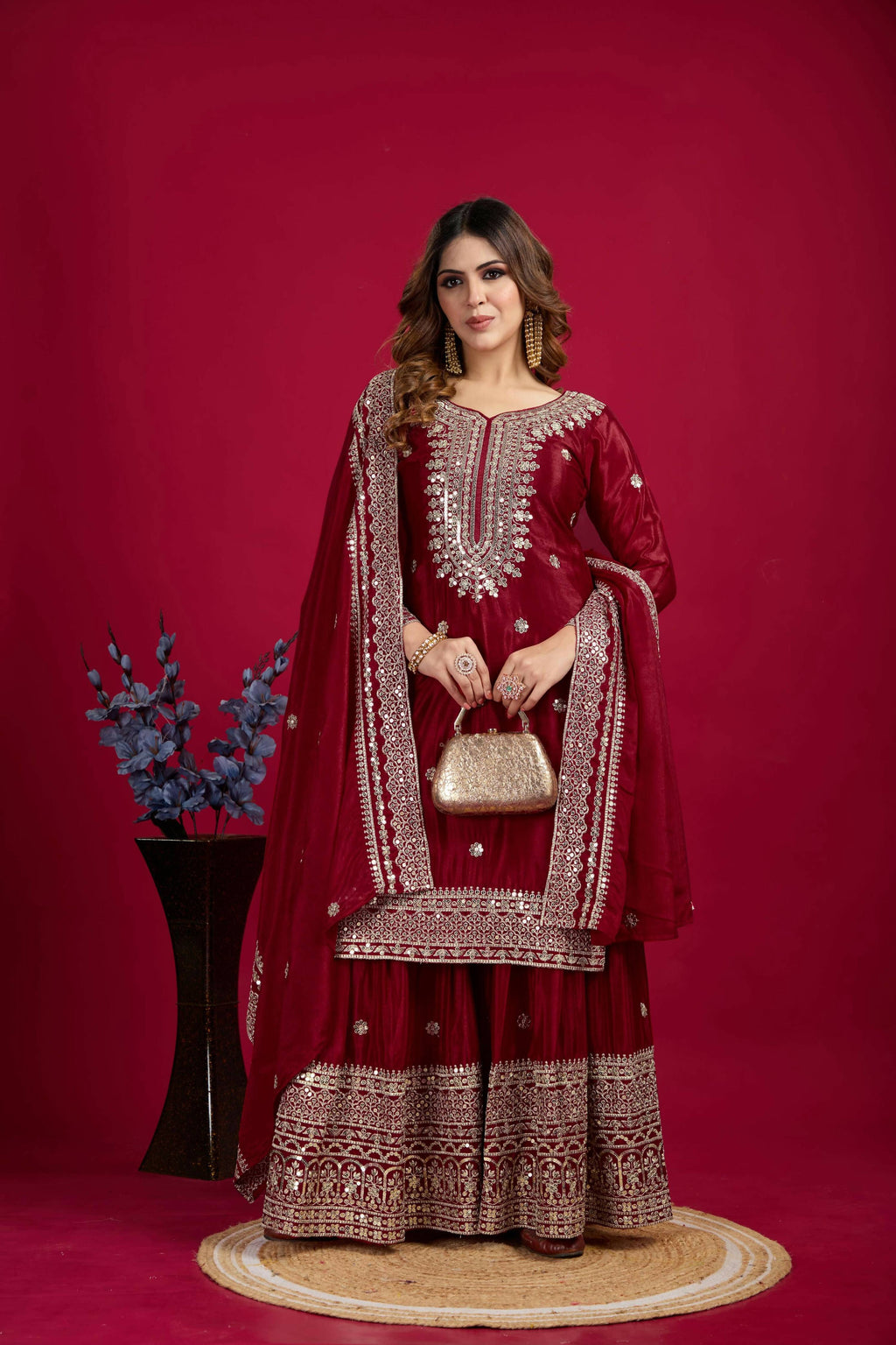 Joban Fashion Maroon Kurta Set Silk Sequins , Zari, Coding & Thread Embroidered work