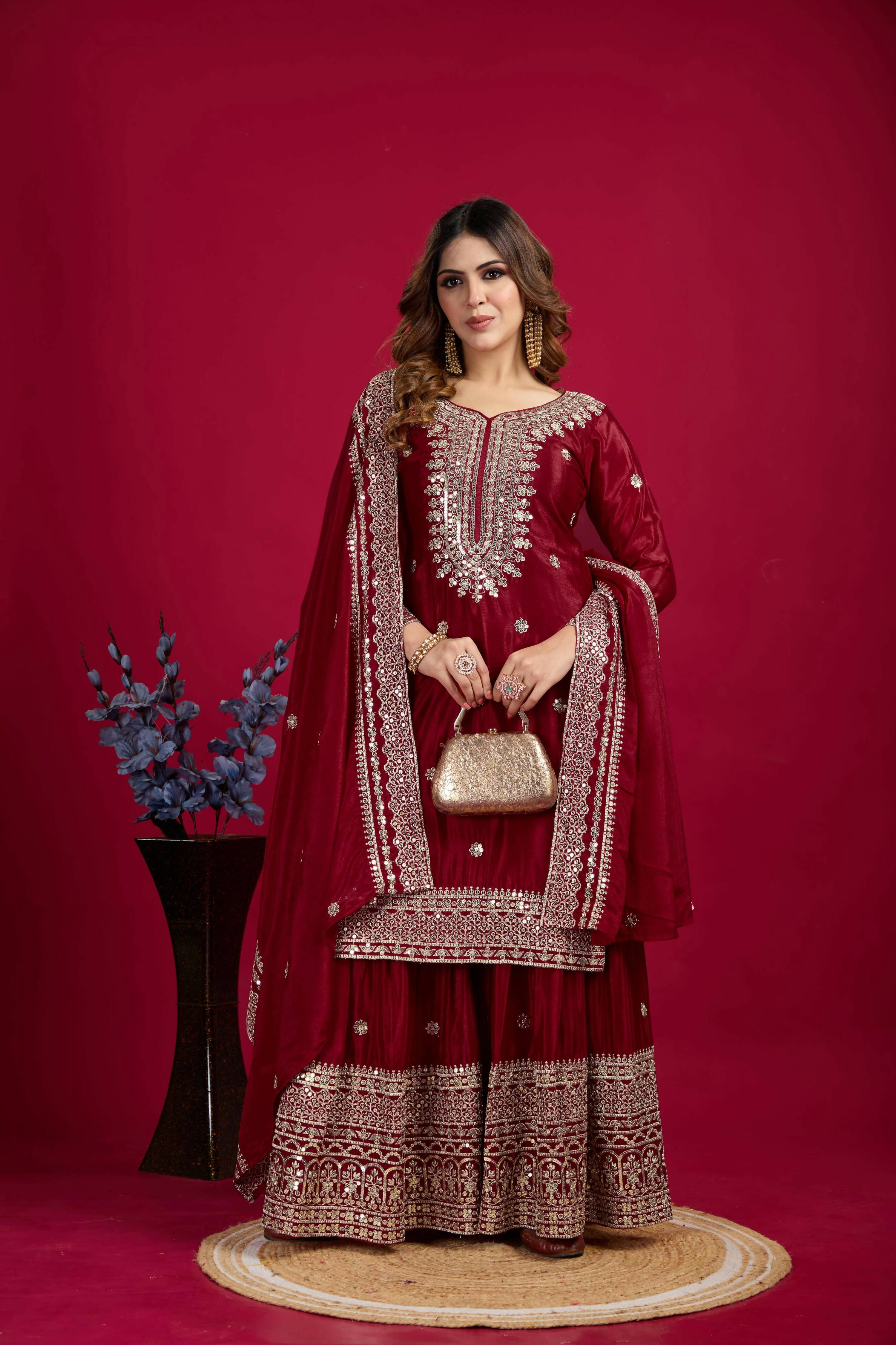 Joban Fashion Maroon Kurta Set Silk Sequins , Zari, Coding & Thread Embroidered work