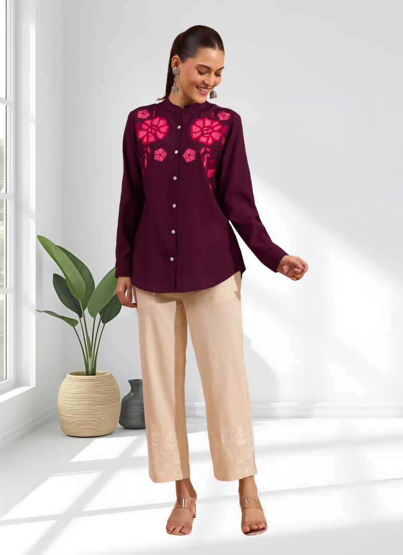 Joban Fashion Wine Silk Embroidered Readymade Tunic