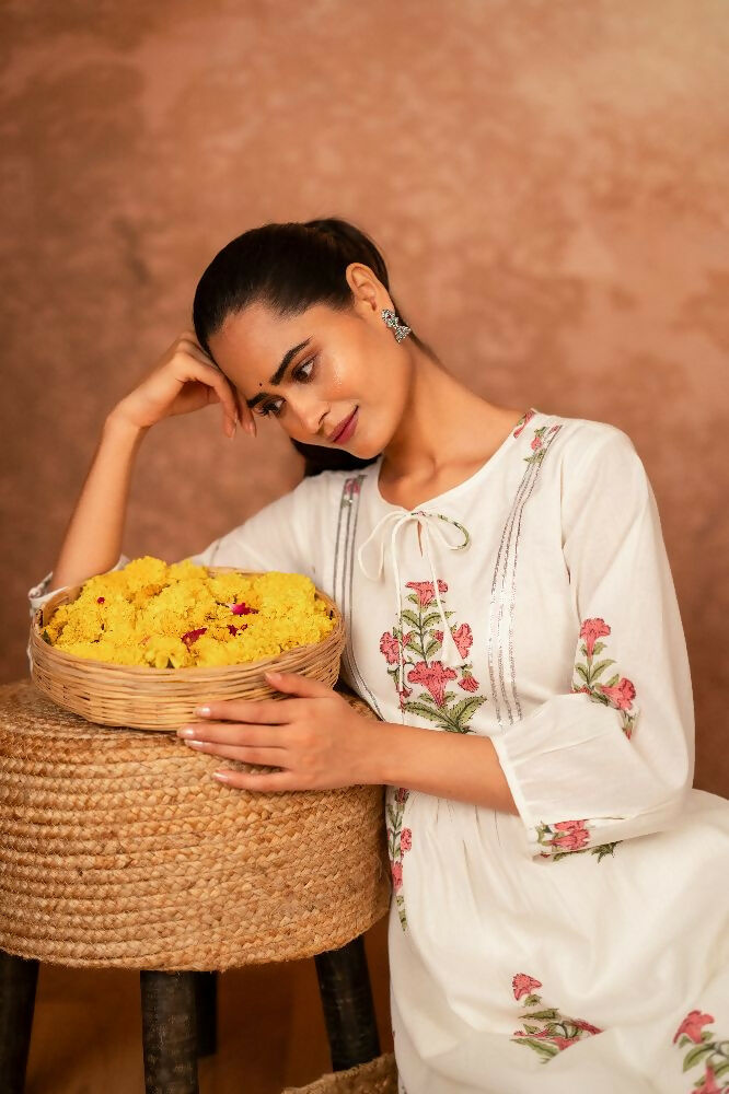 Joban Fashion Off White Pink Floral Hand Block Printed Cotton Kurta Pant Set
