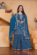 Lehenga Mart Designer Sharara Suit With Kurta, Sharara, Dupatta For Women-Teal Blue