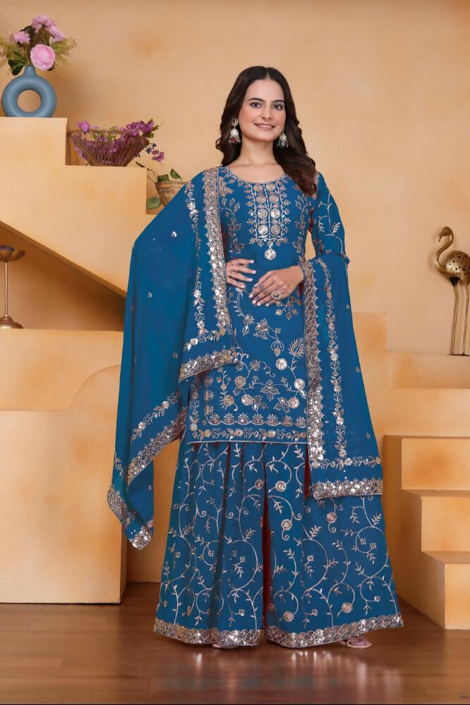 Lehenga Mart Designer Sharara Suit With Kurta, Sharara, Dupatta For Women-Teal Blue