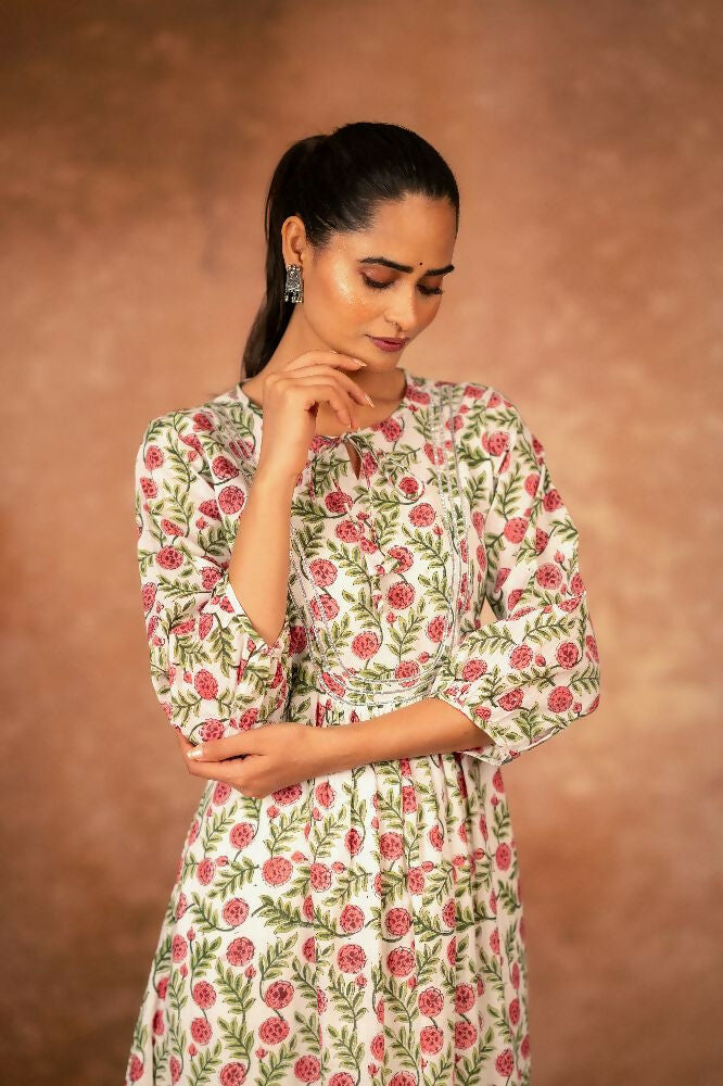 Joban Fashion Red Floral Hand Block Printed Cotton Kurta Pant Set