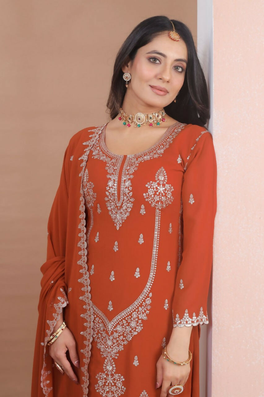 Joban Fashion Dark Orange Georgette Embroidered Sharara Set