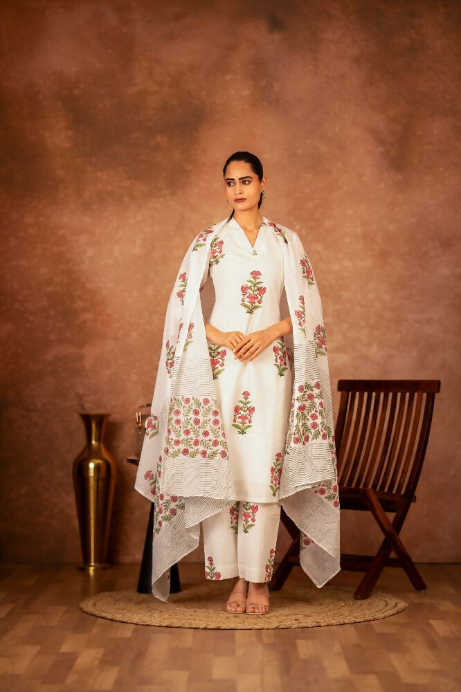 Joban Fashion Off White Pink Hand Block Printed Cotton Suit Set
