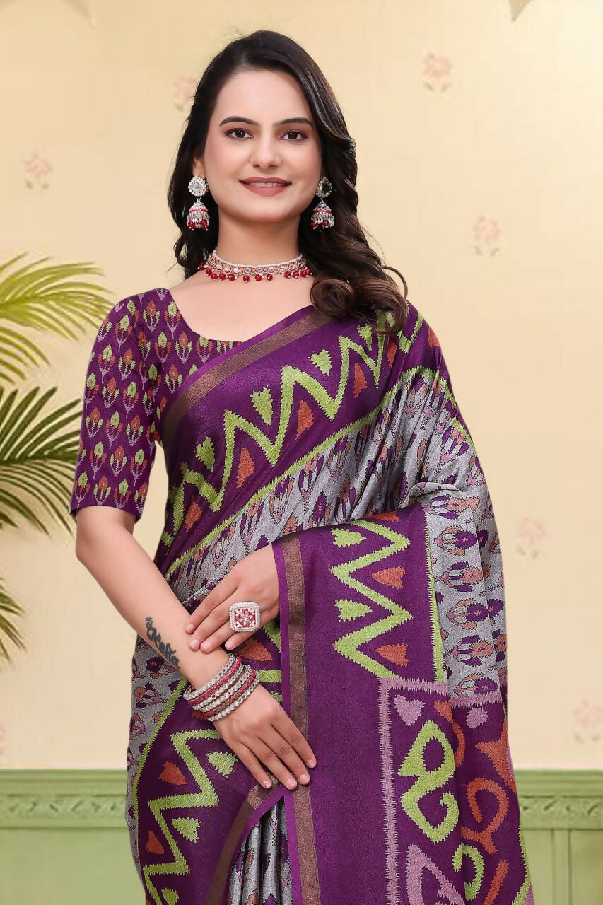 Prime Volt Mal Cotton Purple Ethnic Printed Saree with Designer Blouse Piece