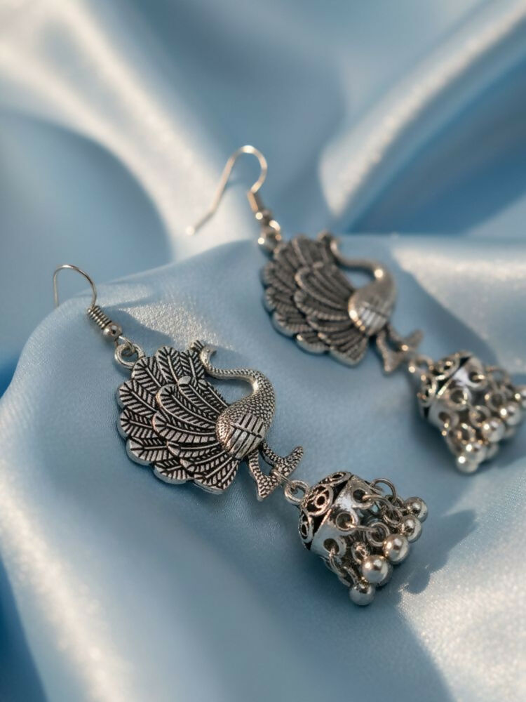 NVR Women Peacock Design German Silver Oxidised Jhumka Earrings