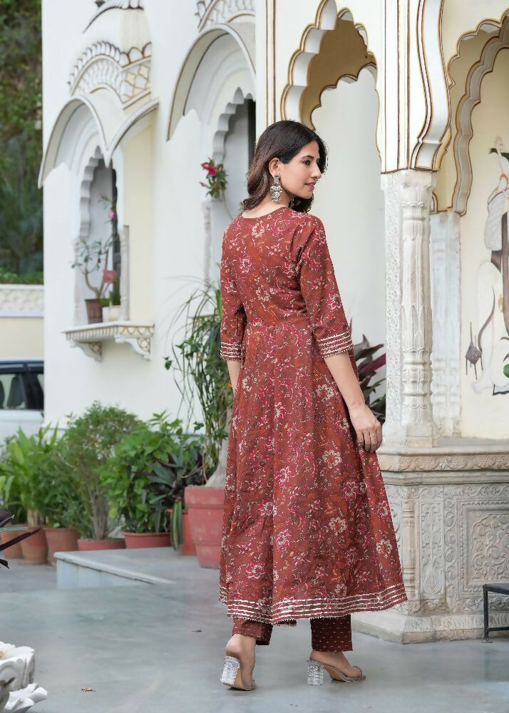 Jaimini Women Cotton Printed Round Neck 3/4 Sleeves Calf Length Flared Kurta Pant And Dupatta Set