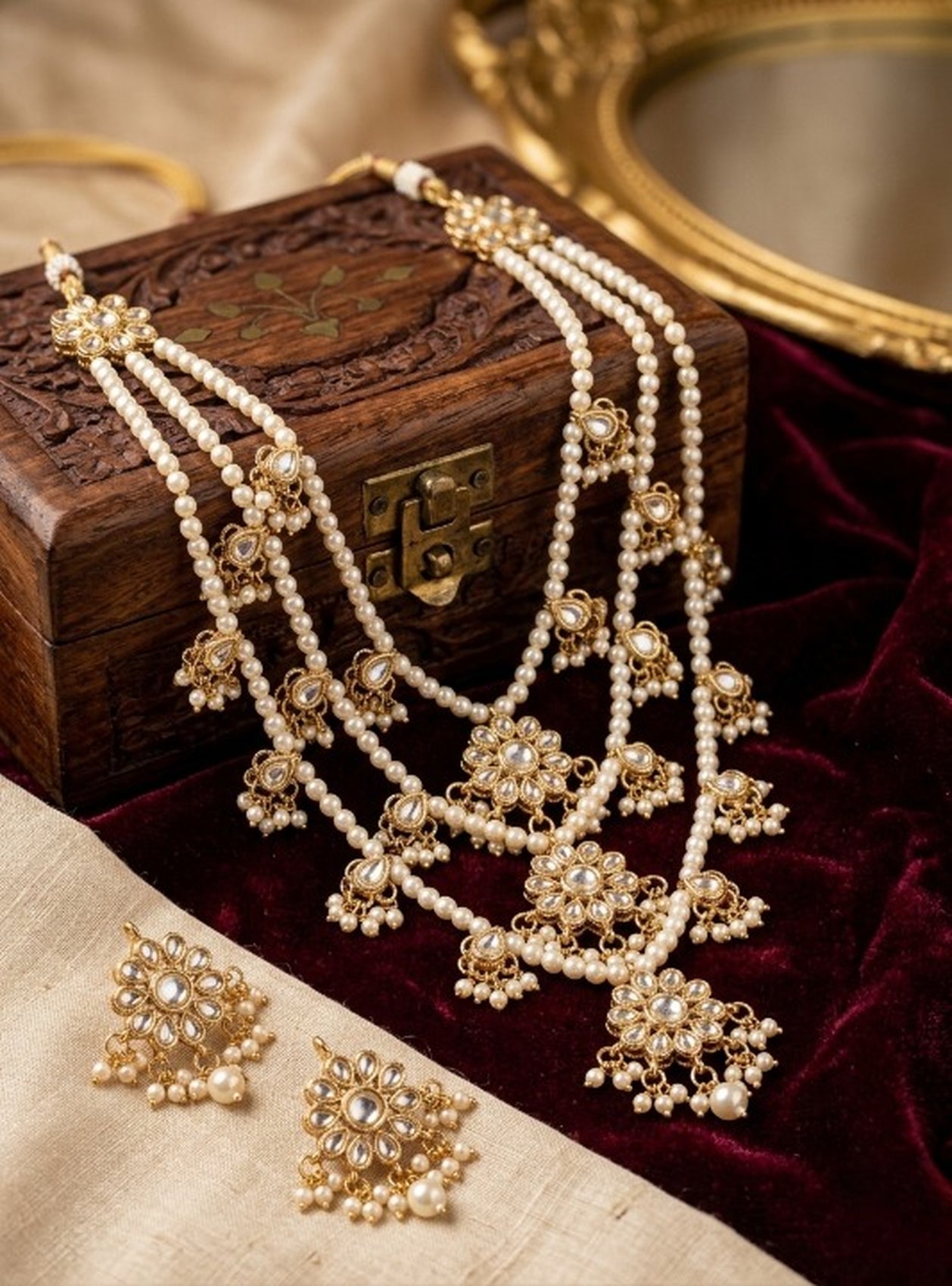 Jewel City Traditional Kundan & Pearl Layered Necklace Set - Handcrafted Ethnic Jewellery for Weddings