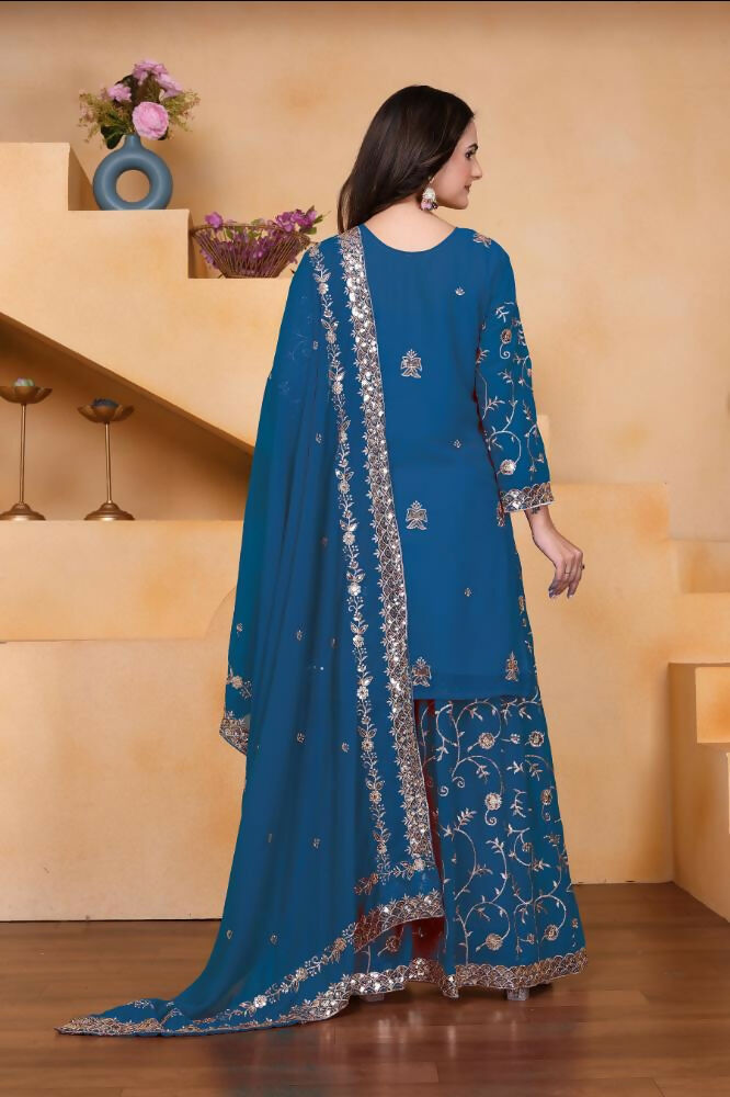 Lehenga Mart Designer Sharara Suit With Kurta, Sharara, Dupatta For Women-Teal Blue