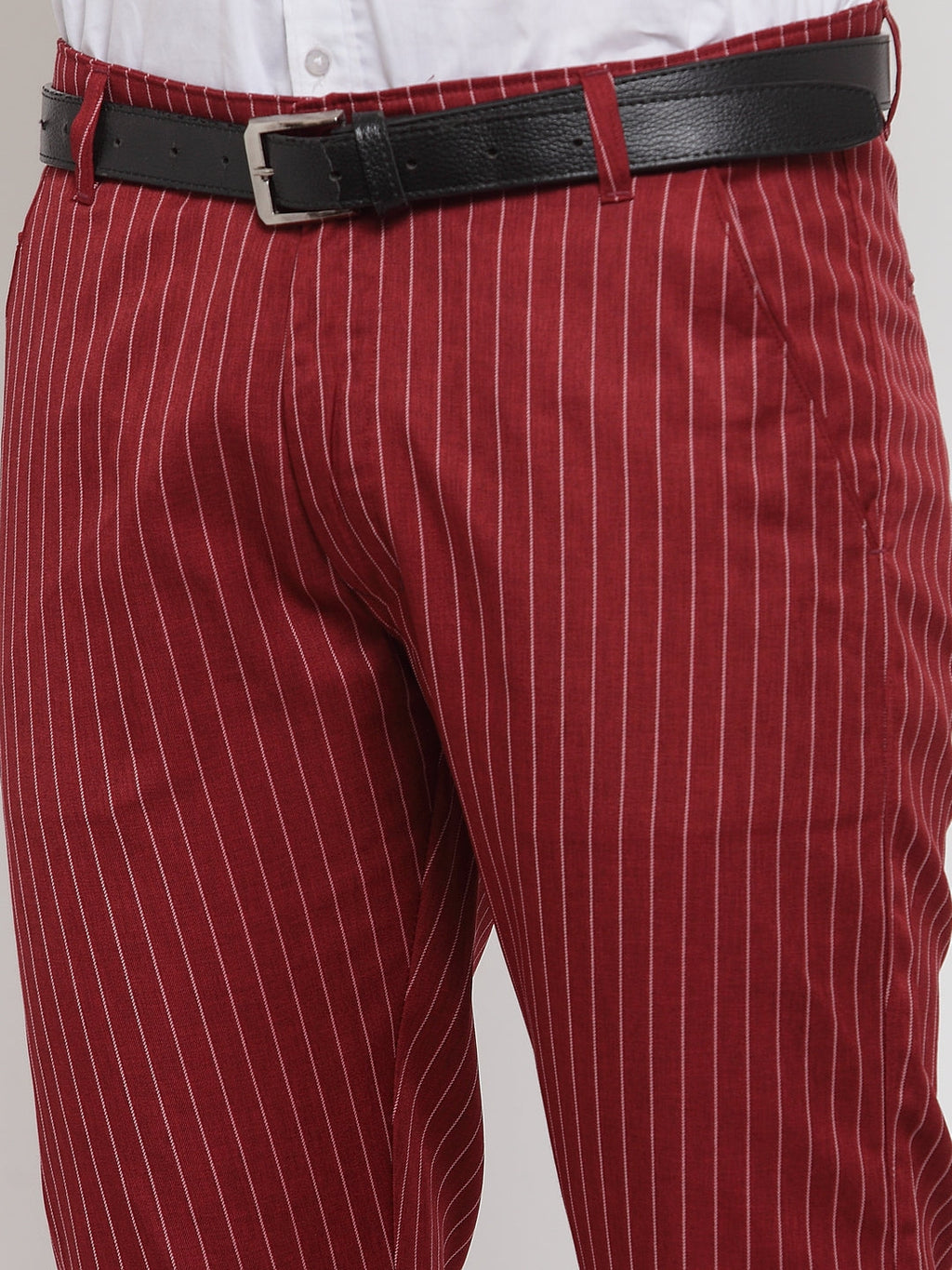 Jainish Men's Red Cotton Striped Formal Trousers ( FGP 255Maroon )