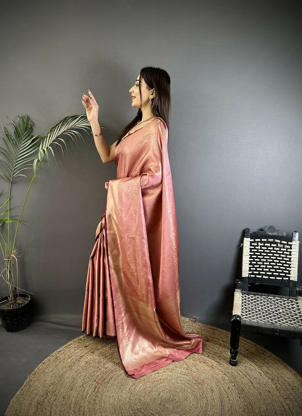 Joban Fashion Dusty Pink Floral Motifs & Ethnic Design Soft Satin Silk Kanchipuram Saree