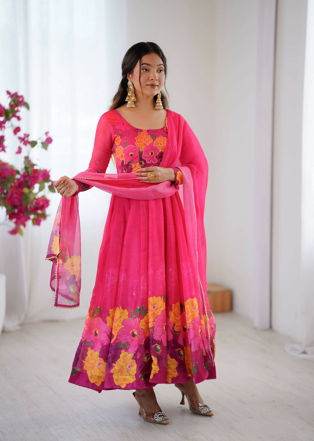 Teeya Creation Womens New Organza Soft Taby Silk Heavy Quality Fabric With Digital Print Pink Gown Set