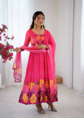 Teeya Creation Womens New Organza Soft Taby Silk Heavy Quality Fabric With Digital Print Pink Gown Set