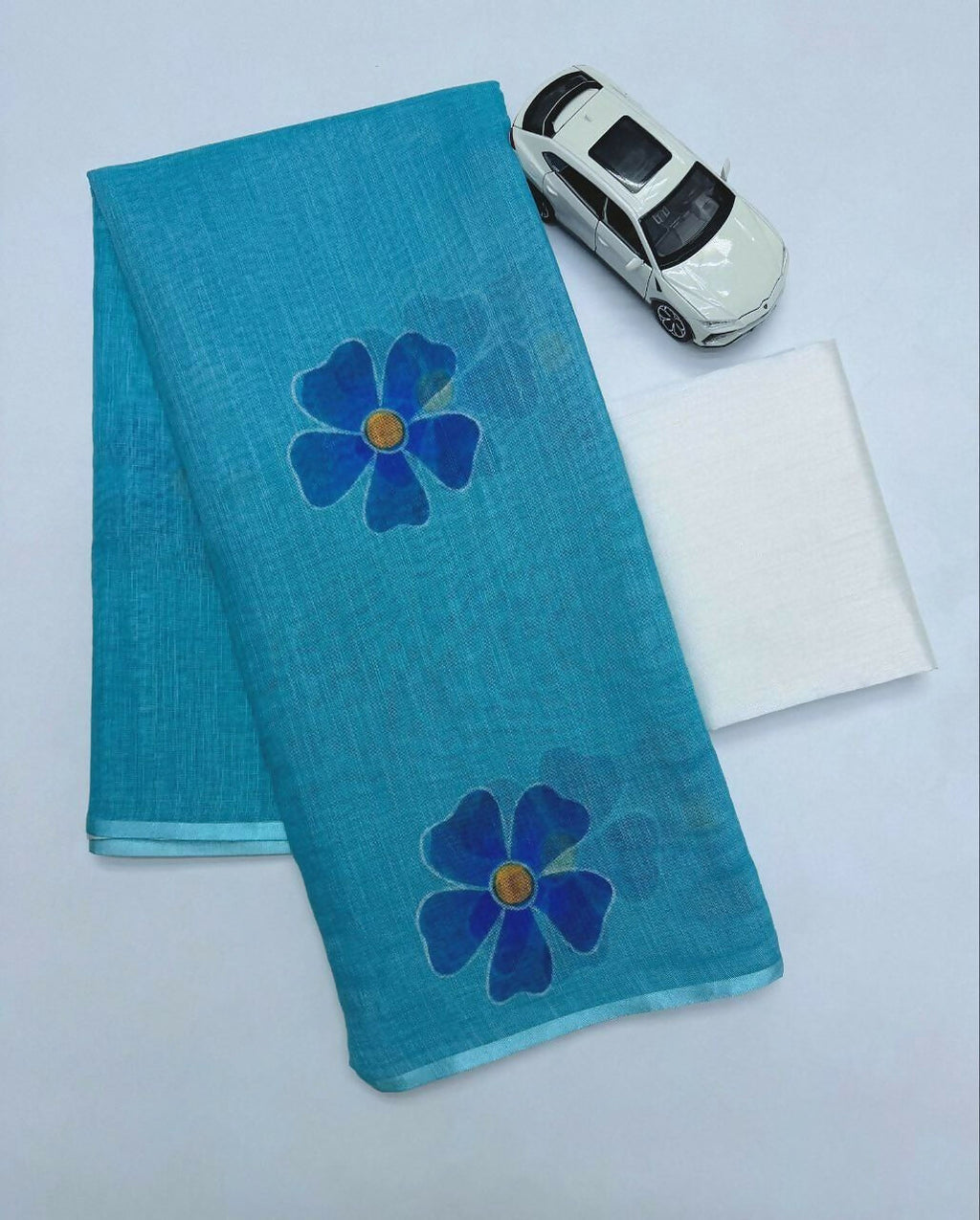 Prime Volt Women's Sky Blue Floral Digital Print Soft Linen Saree With Blouse