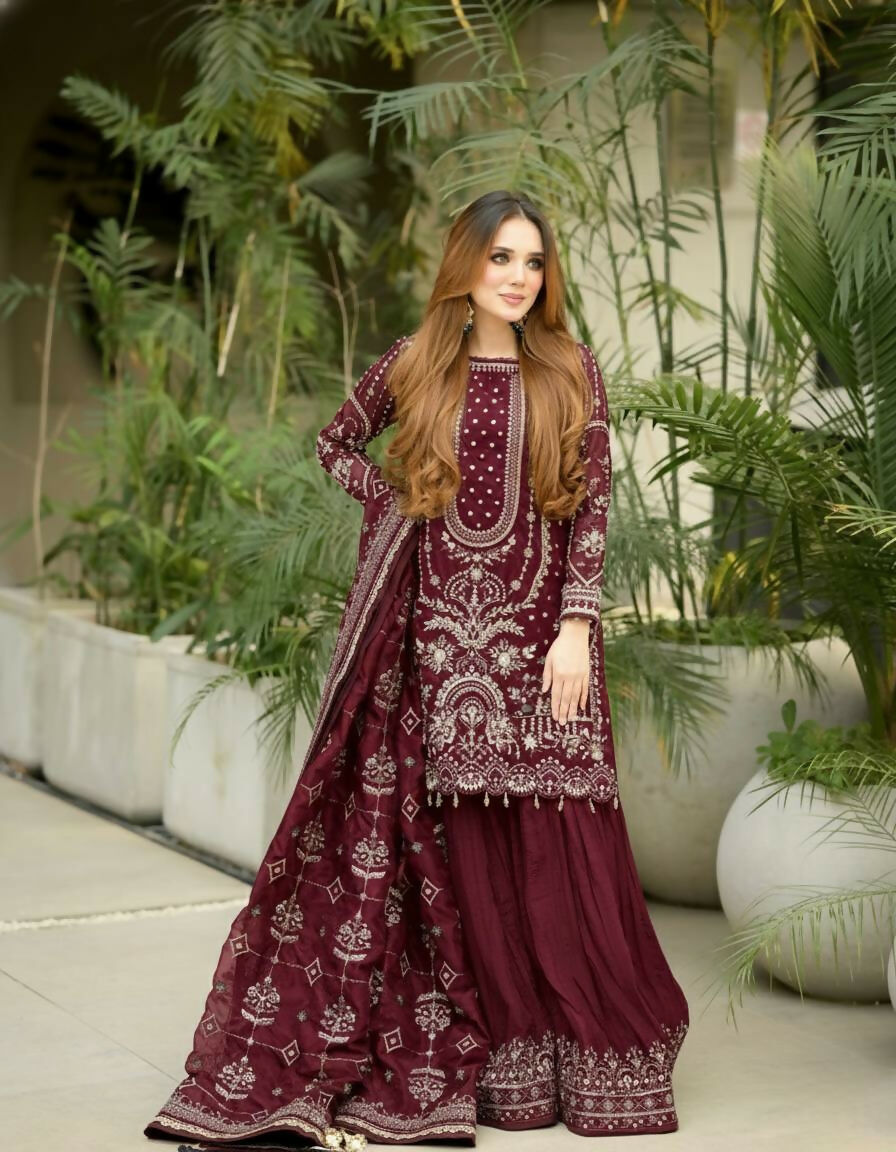 Teeya Creation Maroon Faux georgette Designer heavy work Wedding Wear Palazzo pair