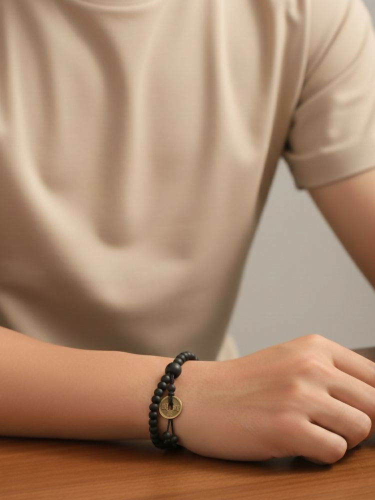 NVR Men Black Beaded Bracelet