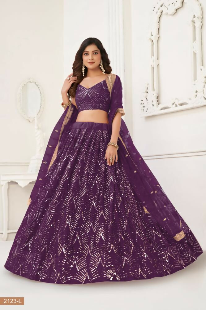 Aastha Fashion Wine Butterfly Net Tone To Tone Thread Work, Sequence Work And Original Mirror Work Embroidery Wedding Wear Lehenga Choli
