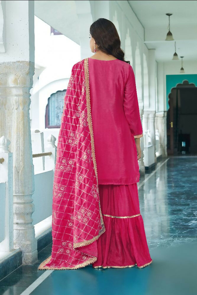 Teeya Creation Pink Colour Chinnon Silk Heavy Embroidery Work Fully Stitched Salwar Suit