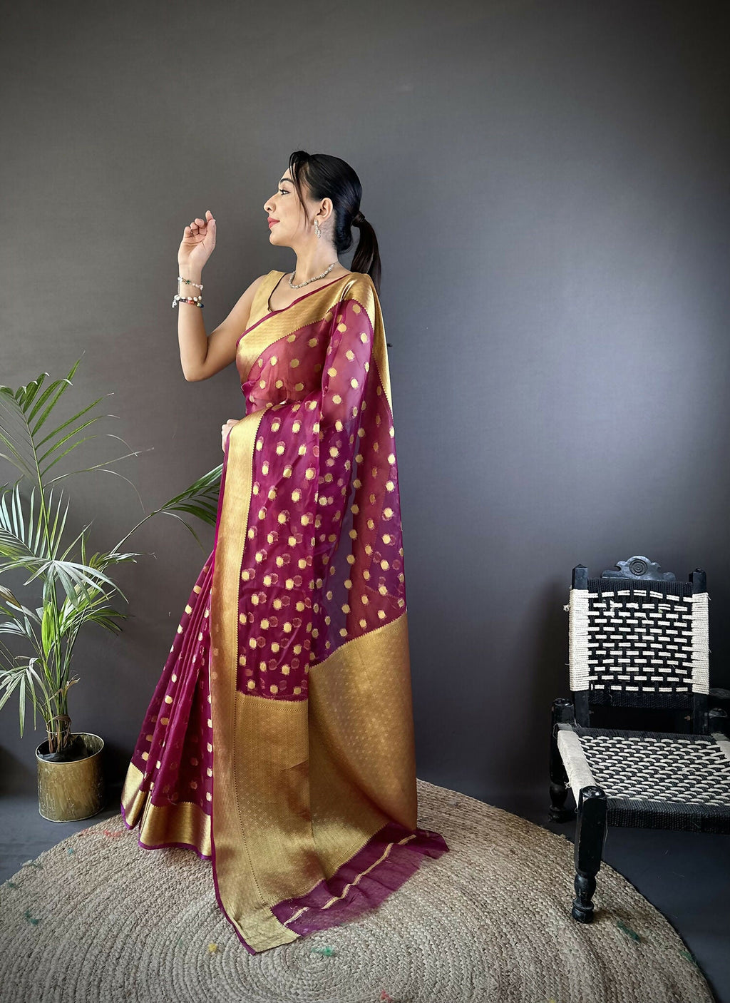 Joban Fashion Magenta Polka-Dot Zari Woven Organza Silk Banarasi Silk Saree