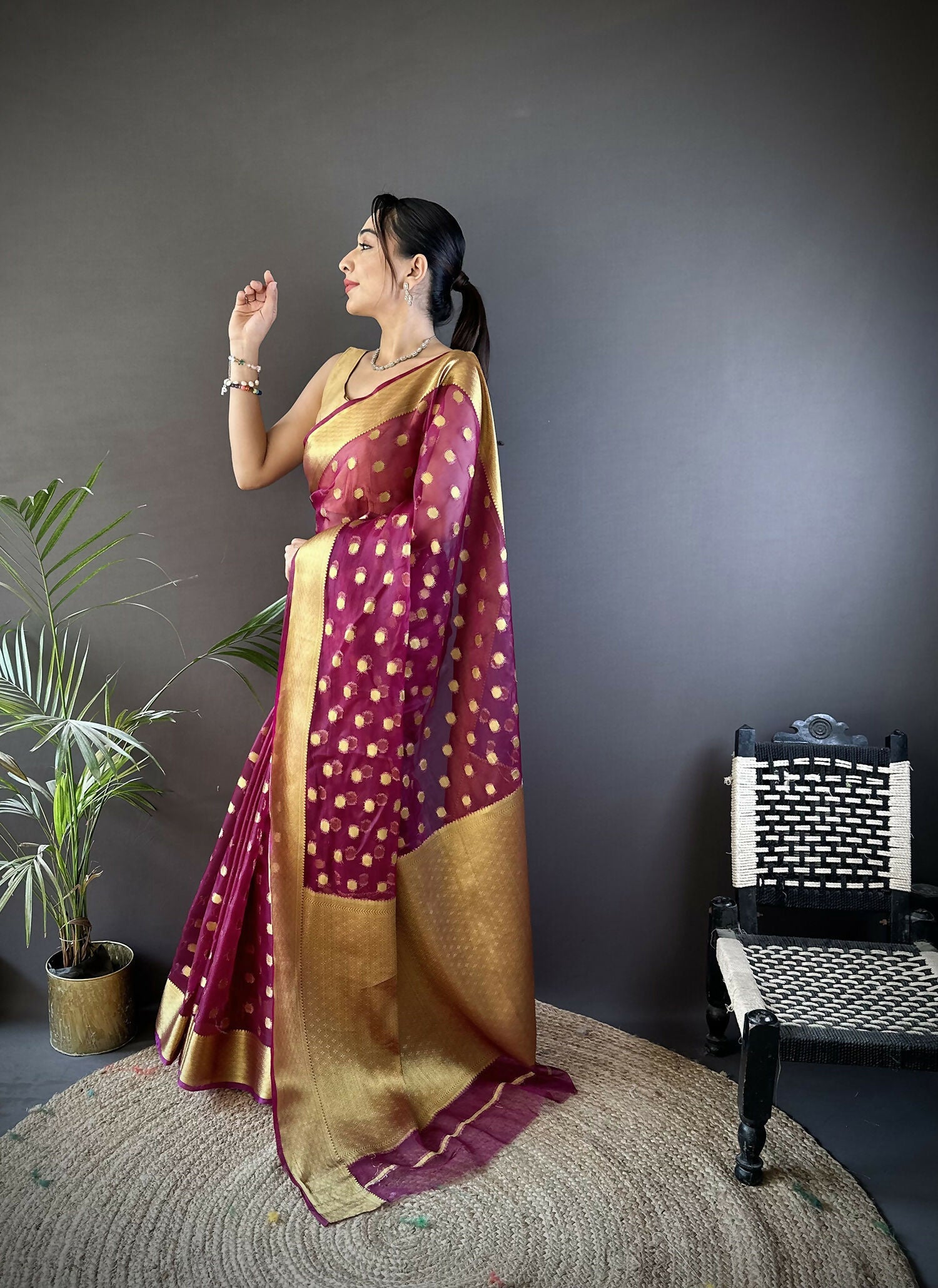 Joban Fashion Magenta Polka-Dot Zari Woven Organza Silk Banarasi Silk Saree