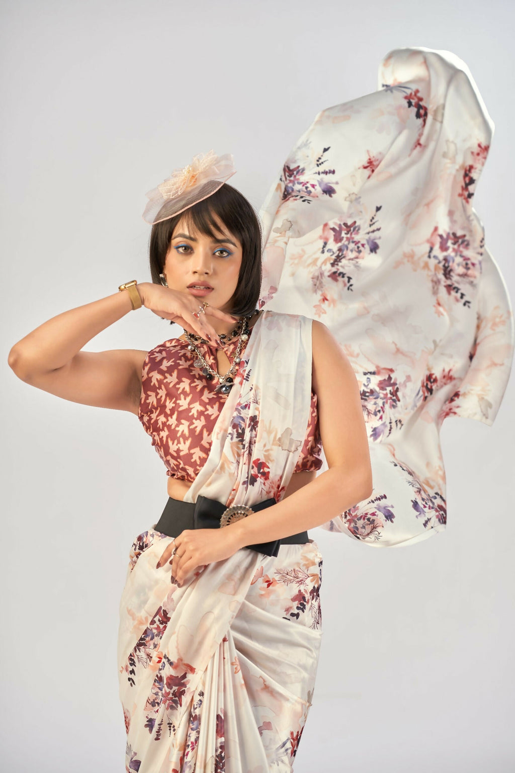 Vastranavya White Satin Silk Elegant Printed Saree with Unstitched Blouse