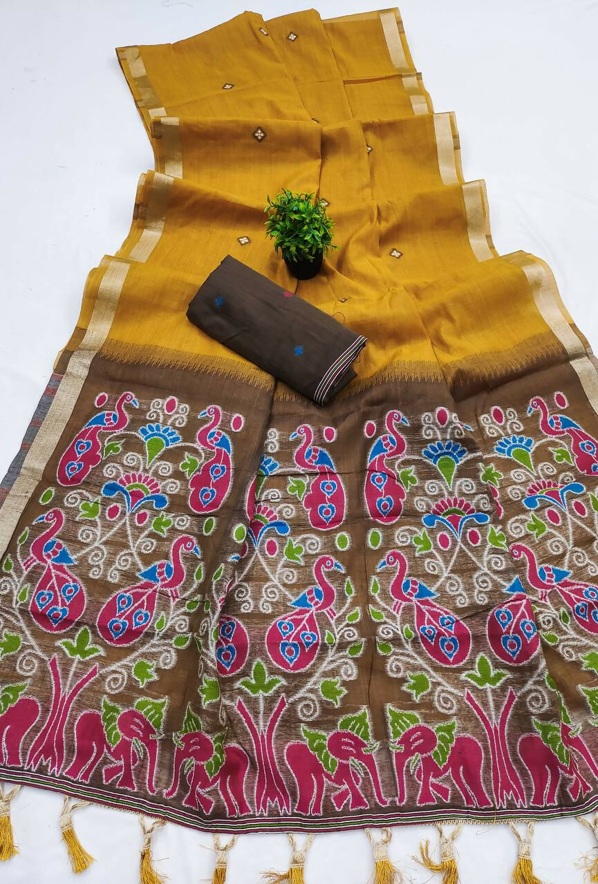 Vastranavya Yellow Muga Cotton Meenakari & Azarakh Pallu Saree with Contrast Blouse