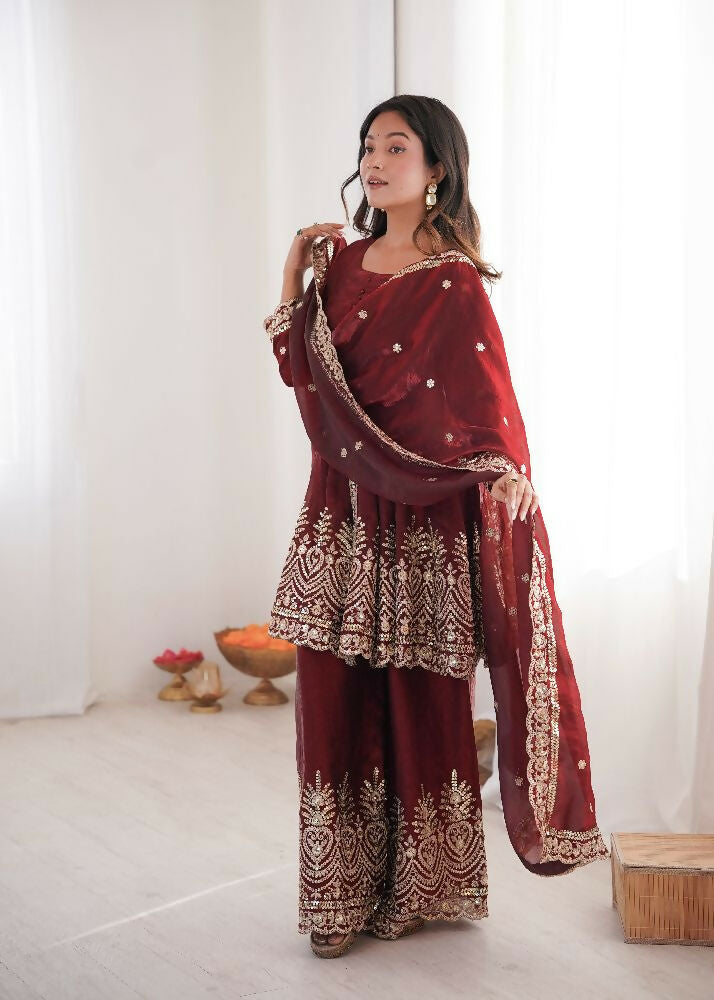 Teeya Creation Maroon Color Fendy Satin Silk Embroidery Work Party Wear Salwar Suit