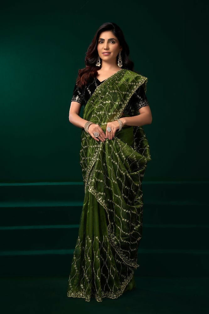 Joban Fashion Green Net Party Wear Sarees