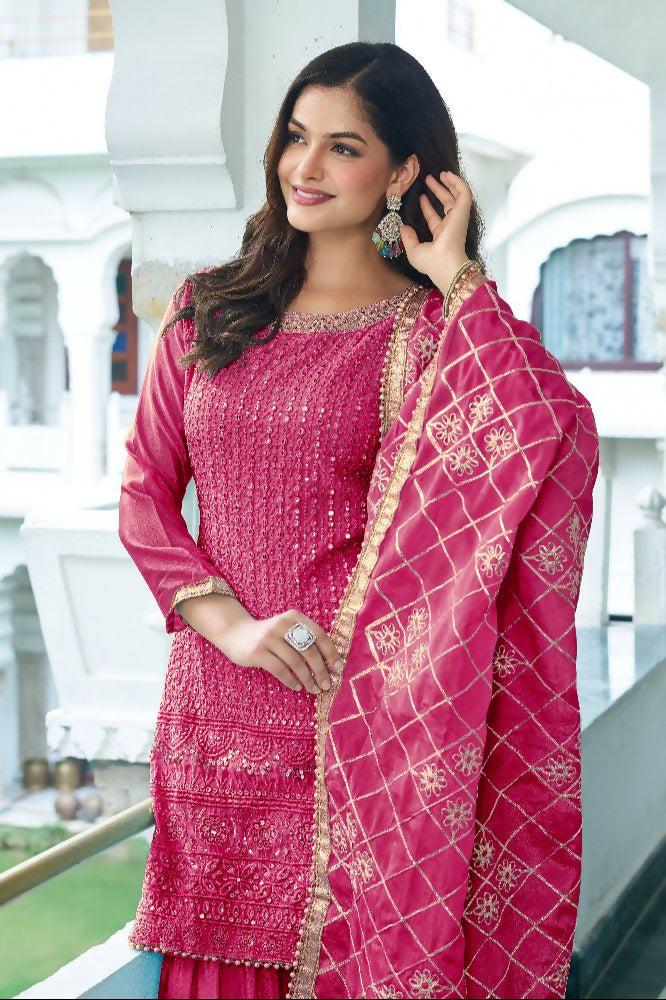 Teeya Creation Pink Colour Chinnon Silk Heavy Embroidery Work Fully Stitched Salwar Suit
