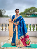 Vedant Vastram Soft Litchi Silk Paithani Jacquard Saree - Firozi