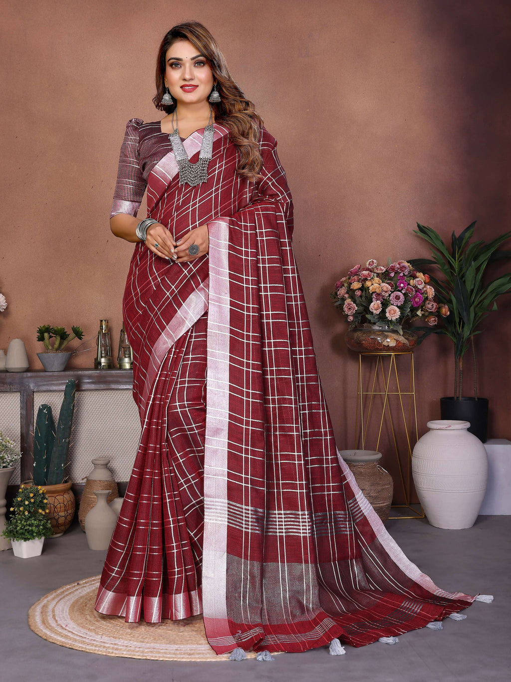 Aastha Fashion Red Linen Weaving Saree