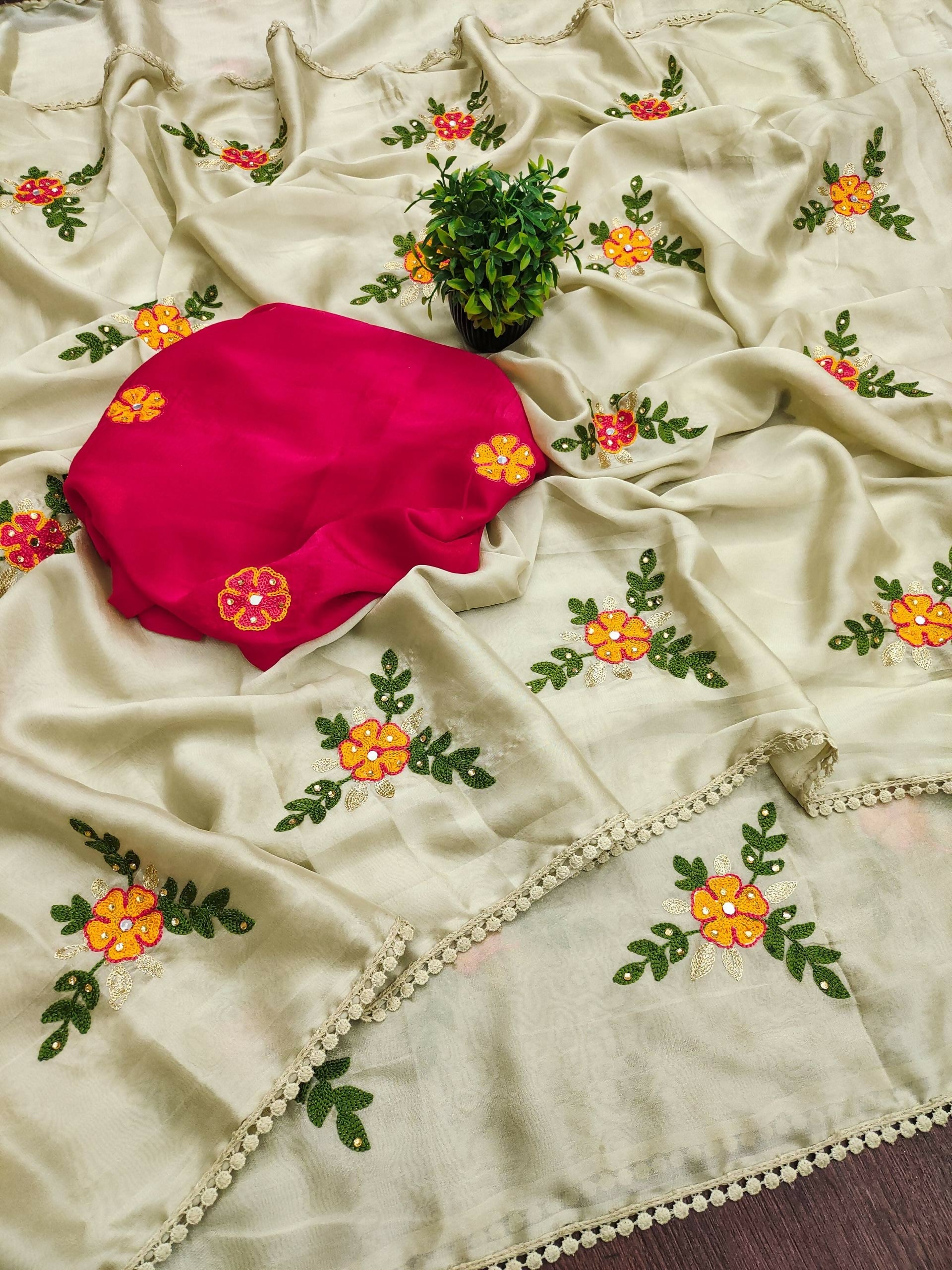 Teeya Creation Cream Rangoli Silk Embroidery Work Party Wear Designer Saree
