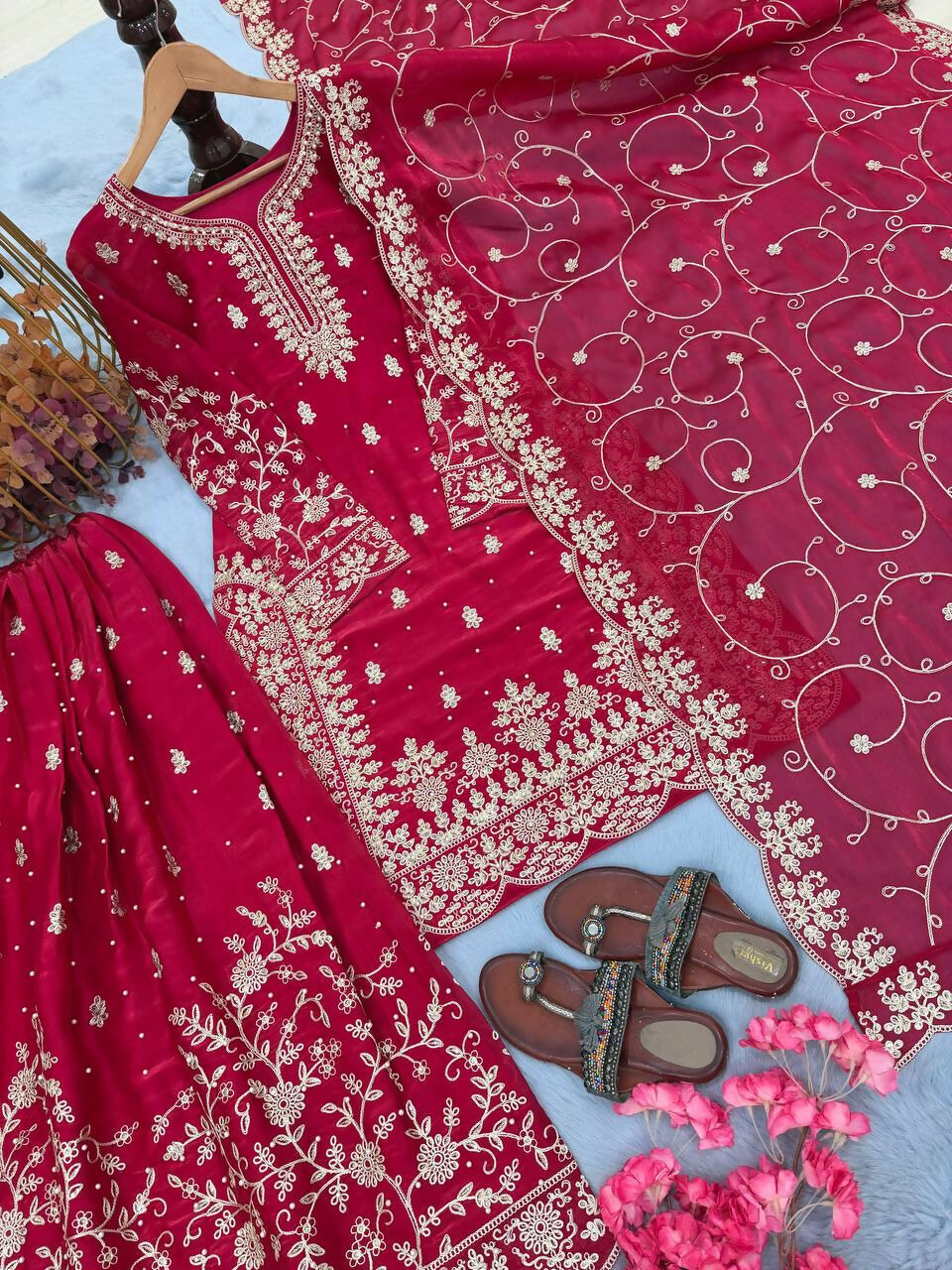 Teeya Creation Rani Pure Silk Gimmy Silk Heavy Embroidery Work Wedding Wear Palazzo Pair