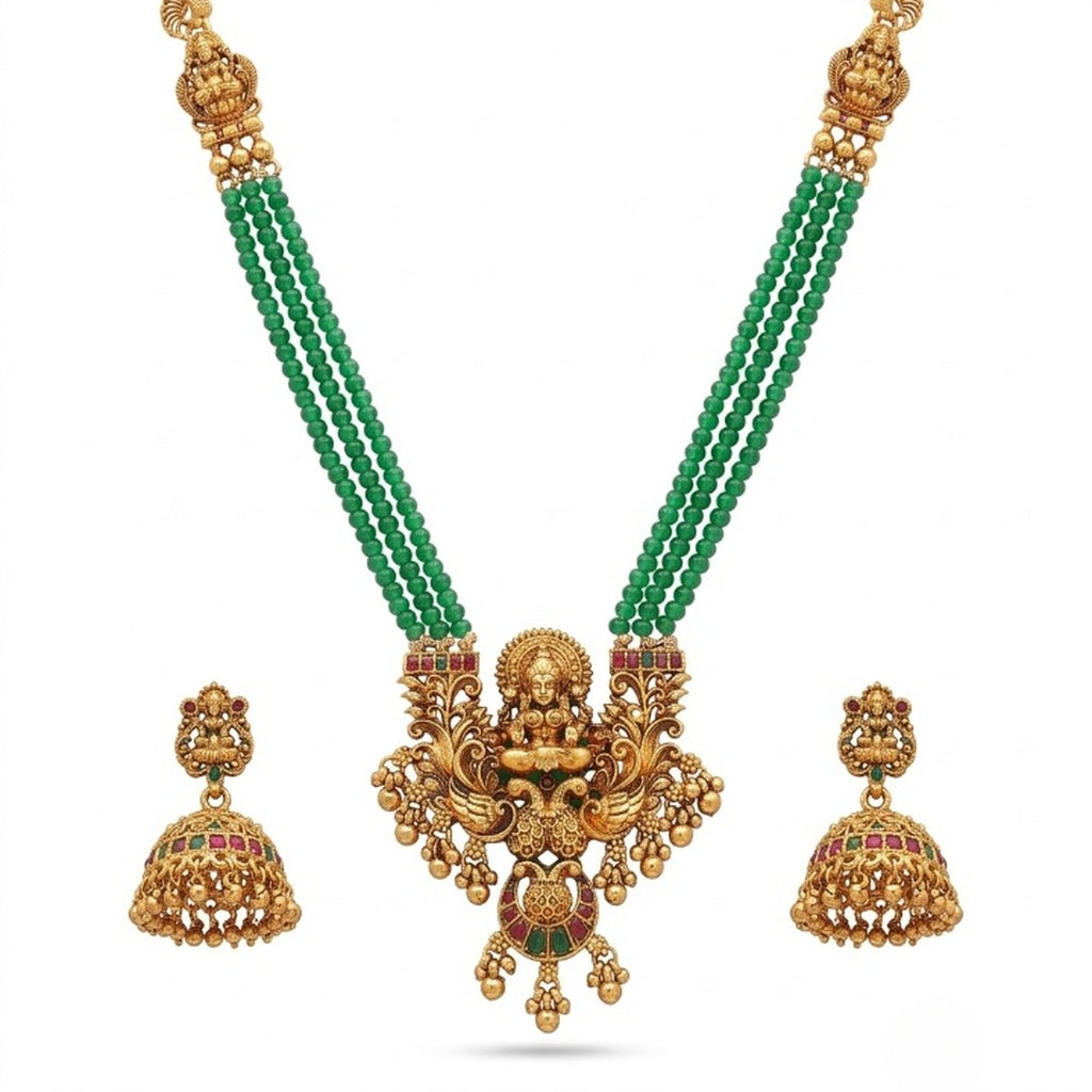 Jewel City Antique Gold-Plated Lakshmi Pendant Green Bead Necklace Set with Jhumka Earrings - Traditional Temple Jewelry