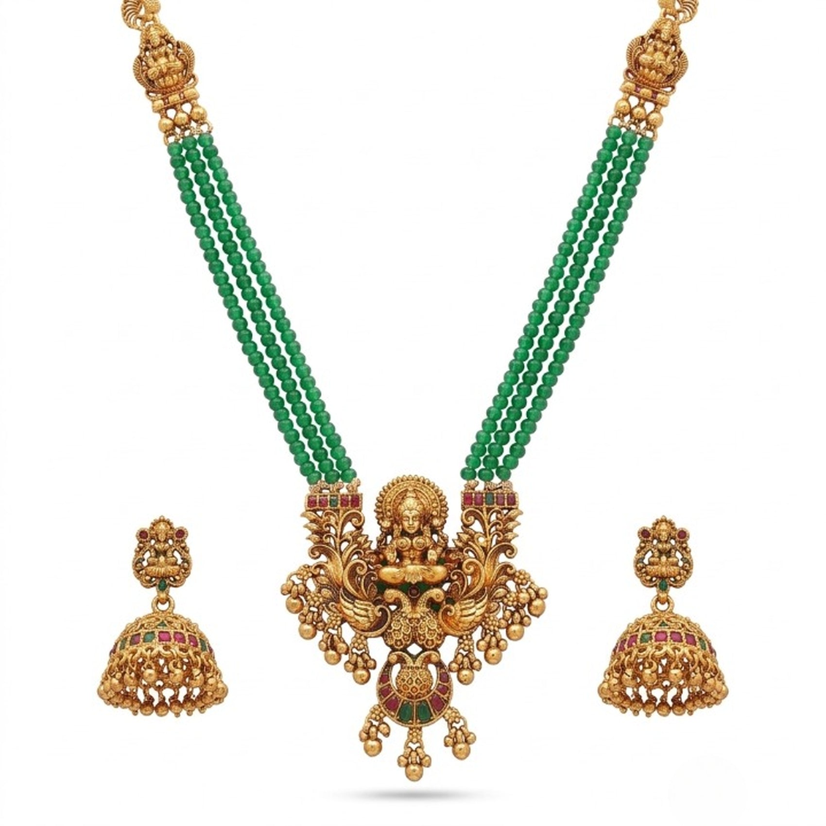 Jewel City Antique Gold-Plated Lakshmi Pendant Green Bead Necklace Set with Jhumka Earrings - Traditional Temple Jewelry