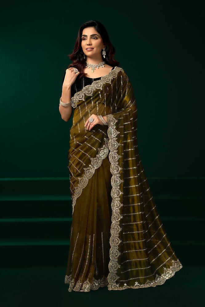 Joban Fashion Mehendi Green Net Party Wear Sarees