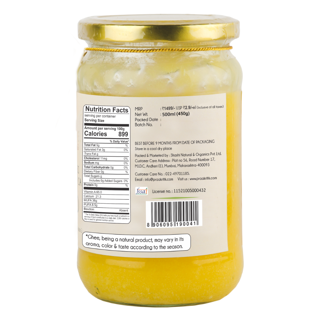 Praakritik Natural Desi Gir Cow A2 Ghee | Organic Grassfed - Vegetarian GMO Free Lactose Free - Cow Ghee