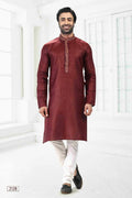 Raivat Ethnic Linen Cotton Thread Work Kurta Pajama In Maroon Colour