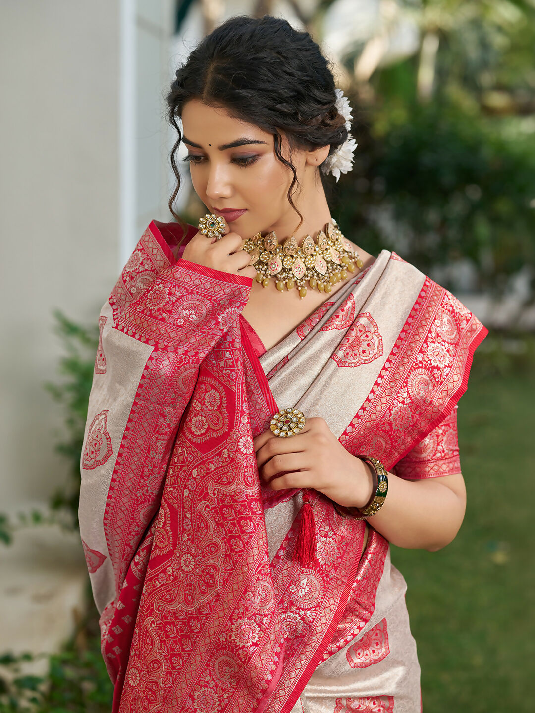 Shree Shyam Fashion Cream With Red Silk Blend Saree
