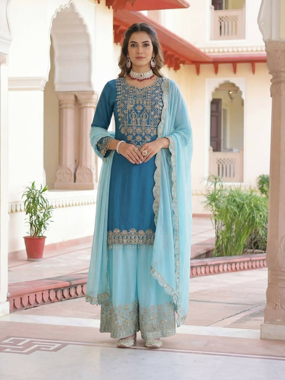 Joban Fashion Blue Silk Embroidered Sharara Set