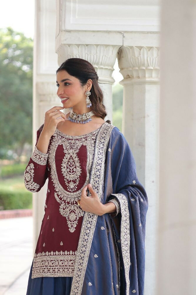 Joban Fashion Maroon Kurta Set Silk Sequins , Zari, Coding & Thread Embroidered work