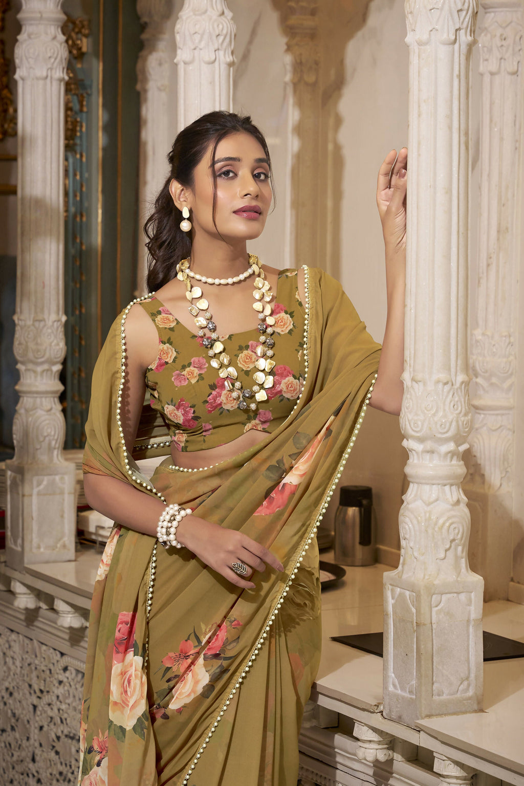 Vastranavya Brown Spectacular Georgette Printed with Pearl Lace Saree with Unstitched Blouse